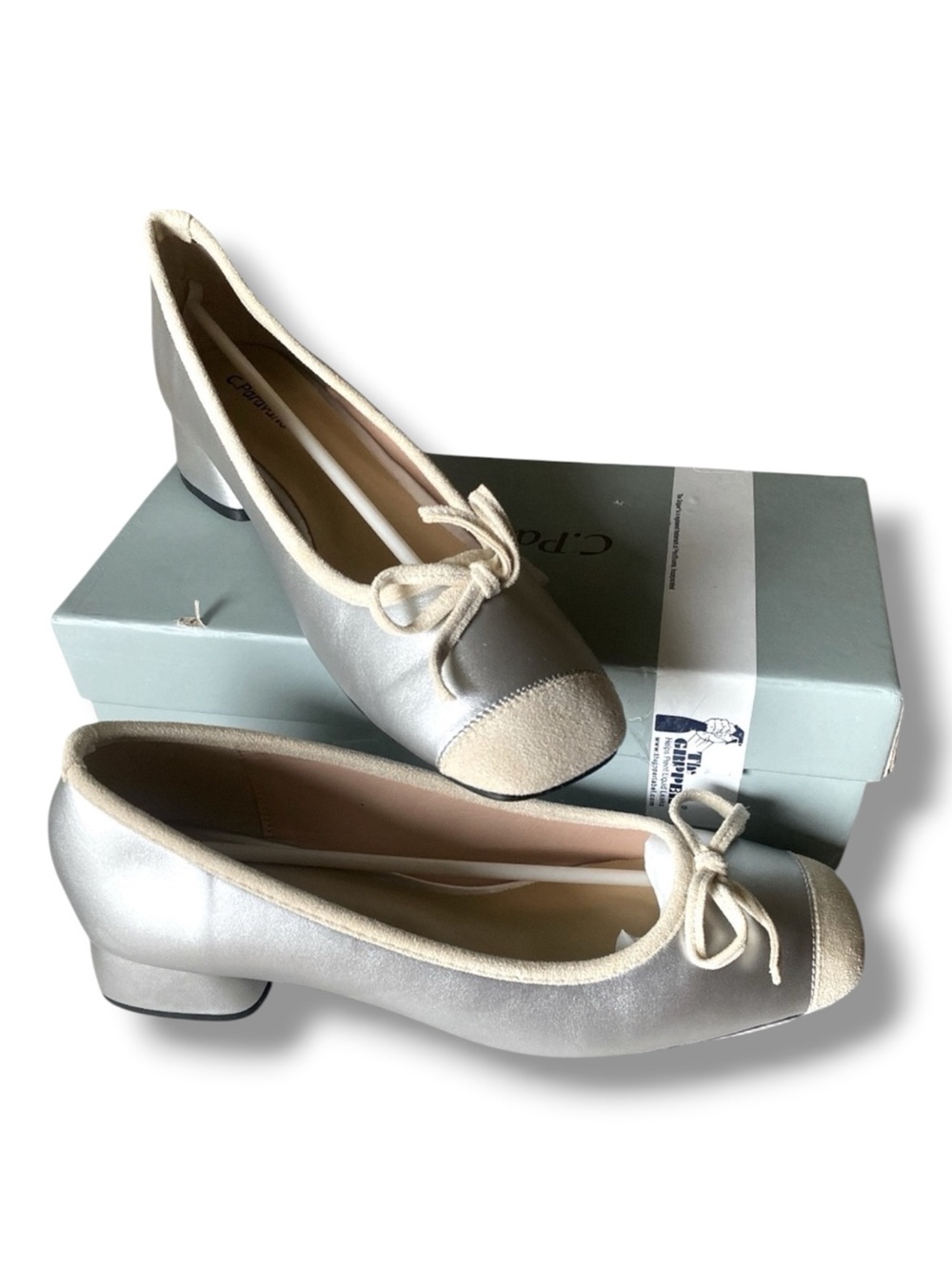 C.PARAVANO Suede Cap Toe Silver Low Block Heel Shoes Size 9.5 (40) NWT
